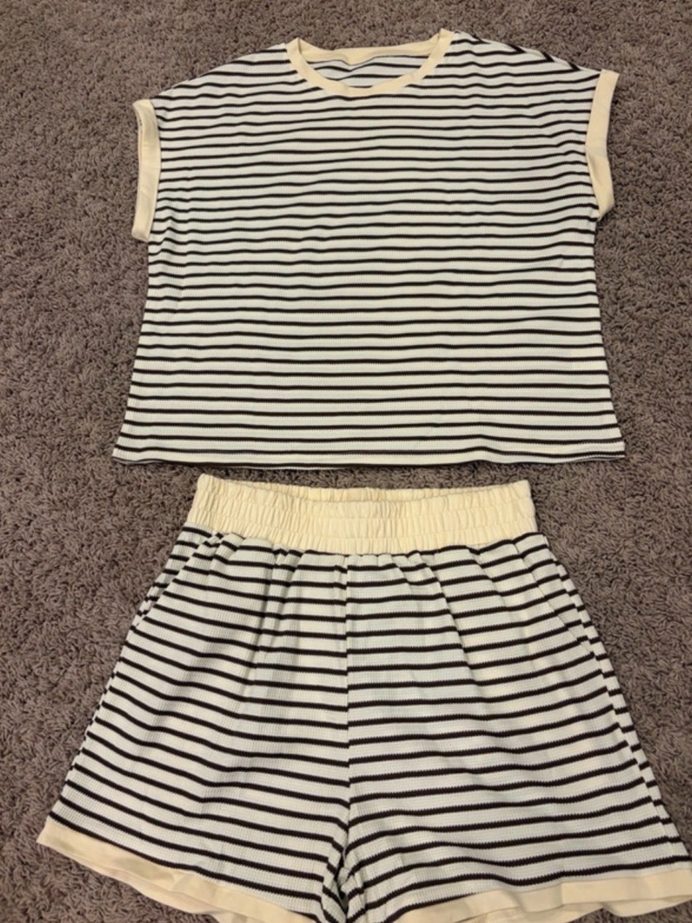 Striped Rib-Knit Tee and Shorts Set - Cream & Black